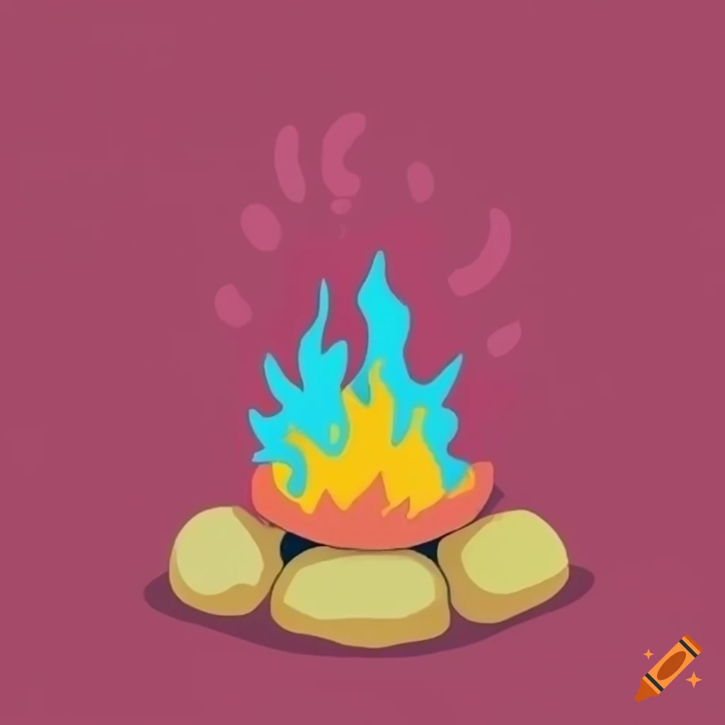 90s styled cartoon campfire with neon pastel colors