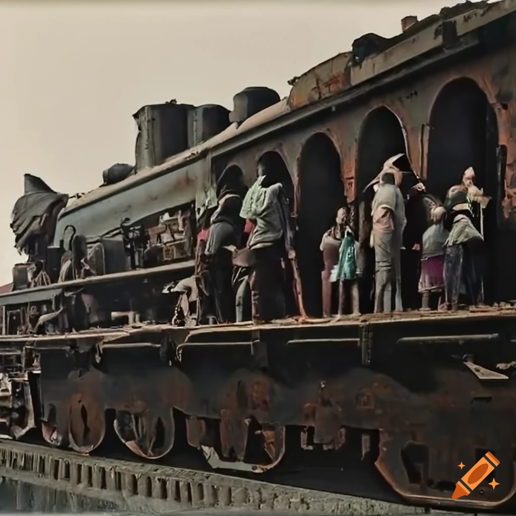 Group of people on an old train engine in a deserted setting