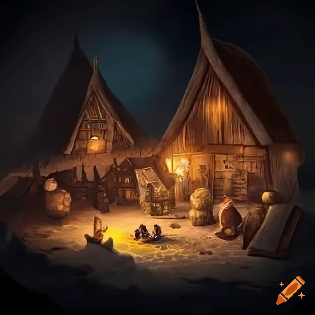 Viking village feast scene with roasted boar on long tables