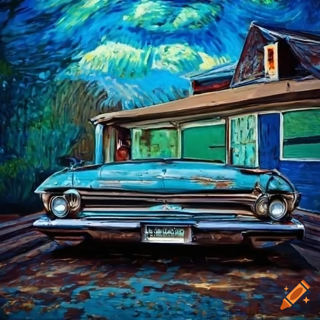 Vintage 1962 Buick Wildcat in an old brick garage with a Van Gogh sky background