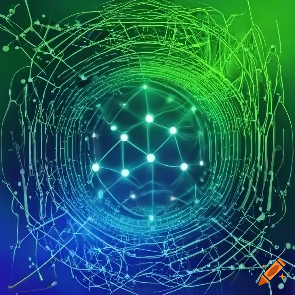 Professional CCNA training environment with blue and green colors, network diagrams, computer screens, and abstract technology