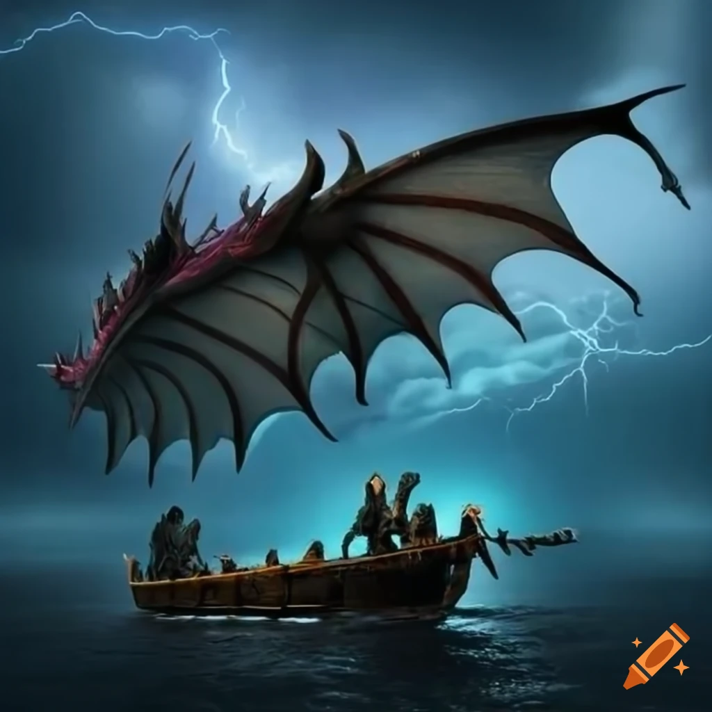 Wooden barge full of animals in thunderstorm with firebreathing dragon