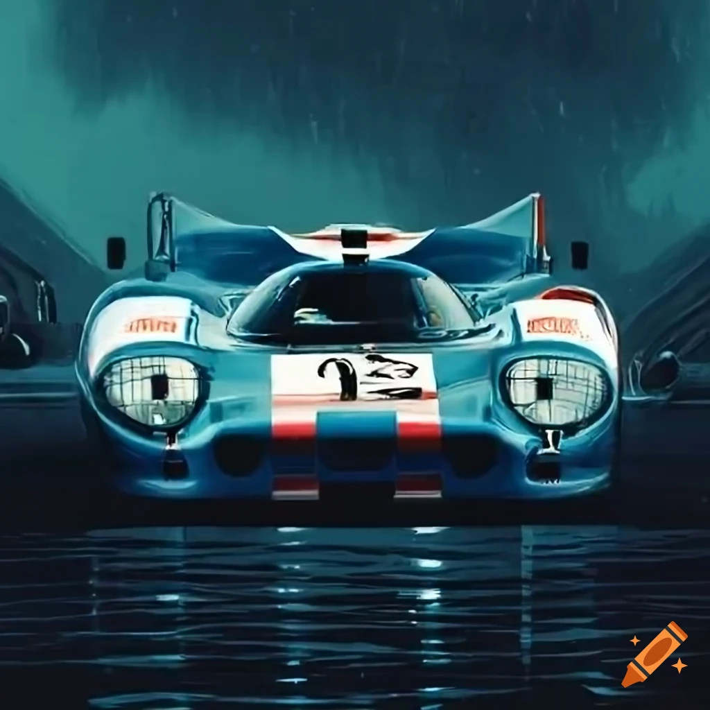 Vintage racing cars on a raceway with spectators and rain shower in a surreal illustration