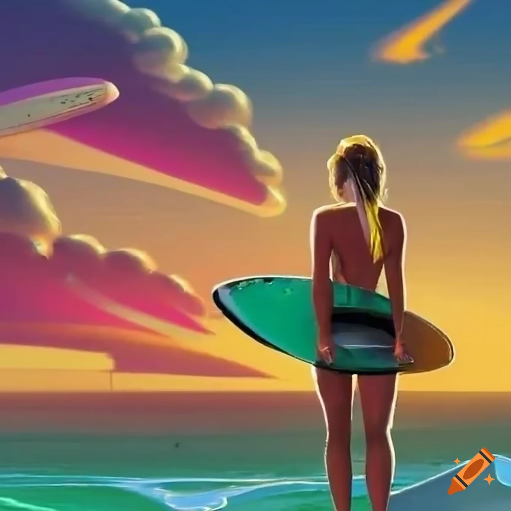 Jovem surfista pegando onda em praia futurista em dia nublado
