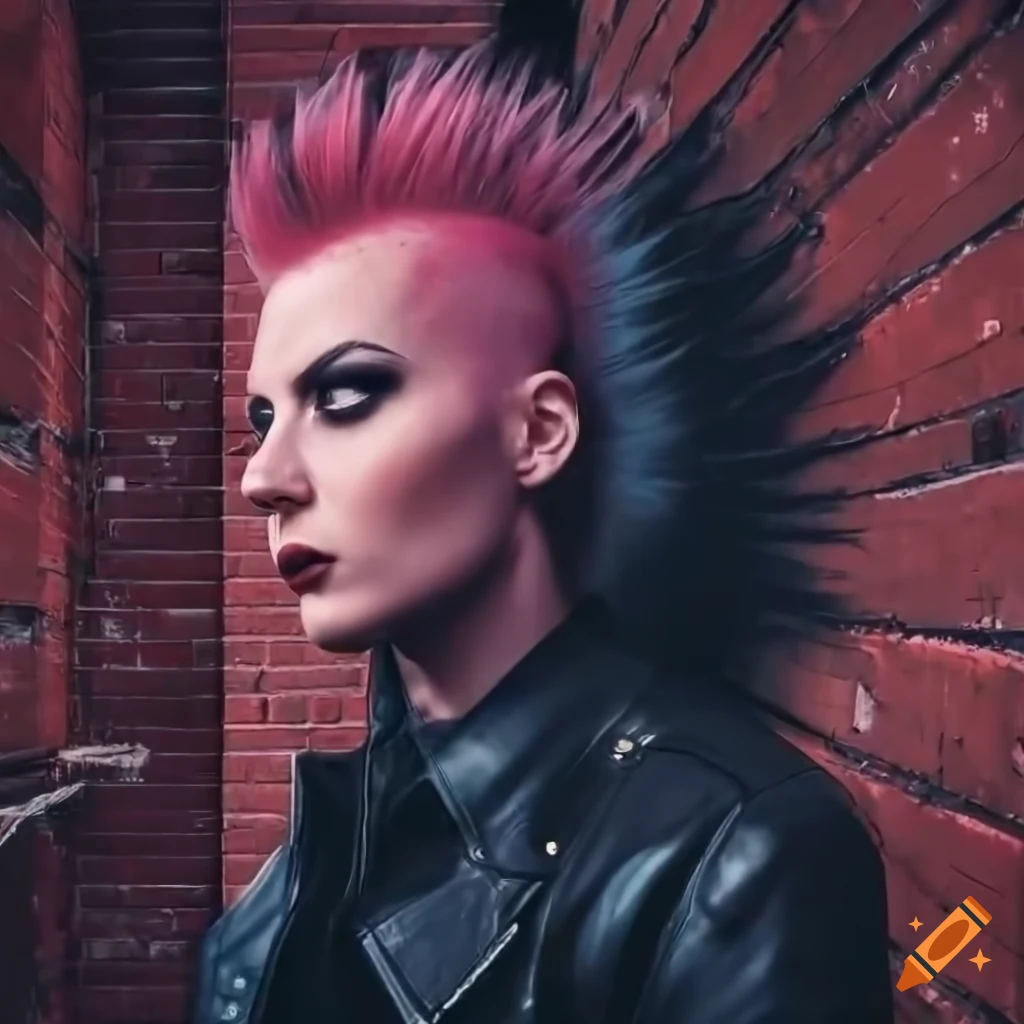 English punk-rocker woman with mohawk hairstyle and leather outfit in urban setting