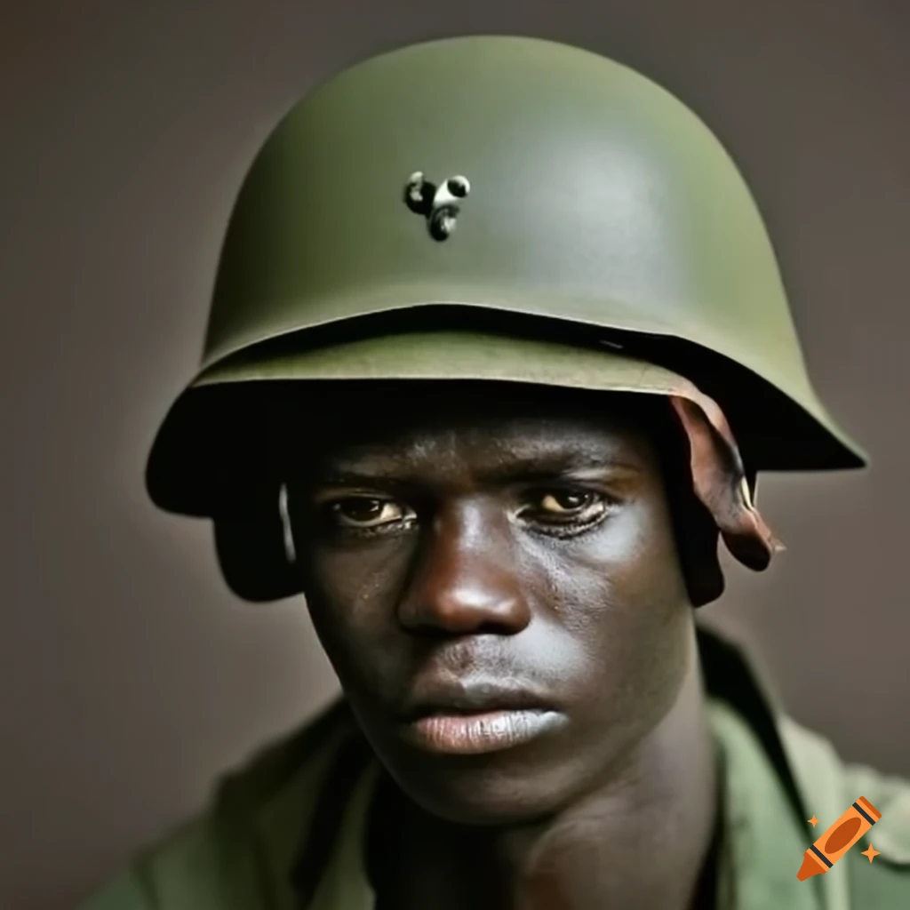 African soldier in a vintage American M1 helmet