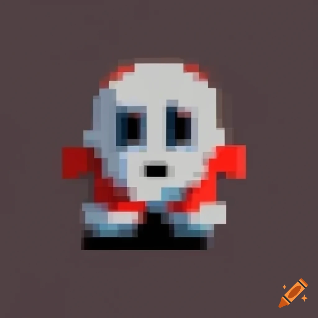 Pixelated and blurred image of Shy Guy from retro 8-bit Mario