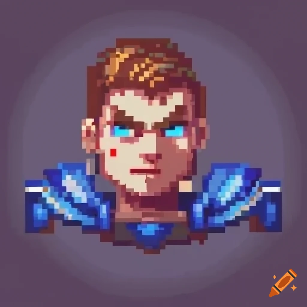 Pixelated Garen in retro 8-bit style with simple background