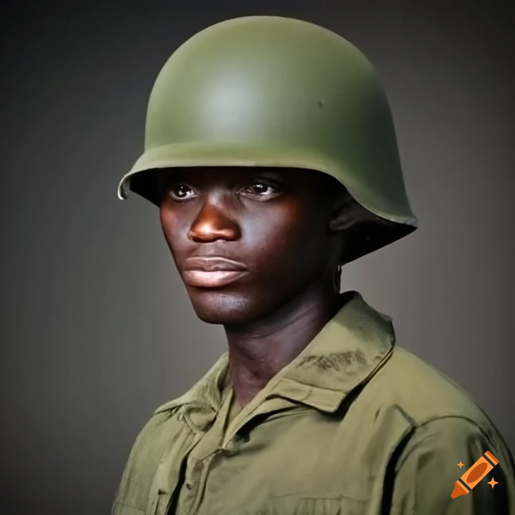 African soldier in vintage American M1 helmet