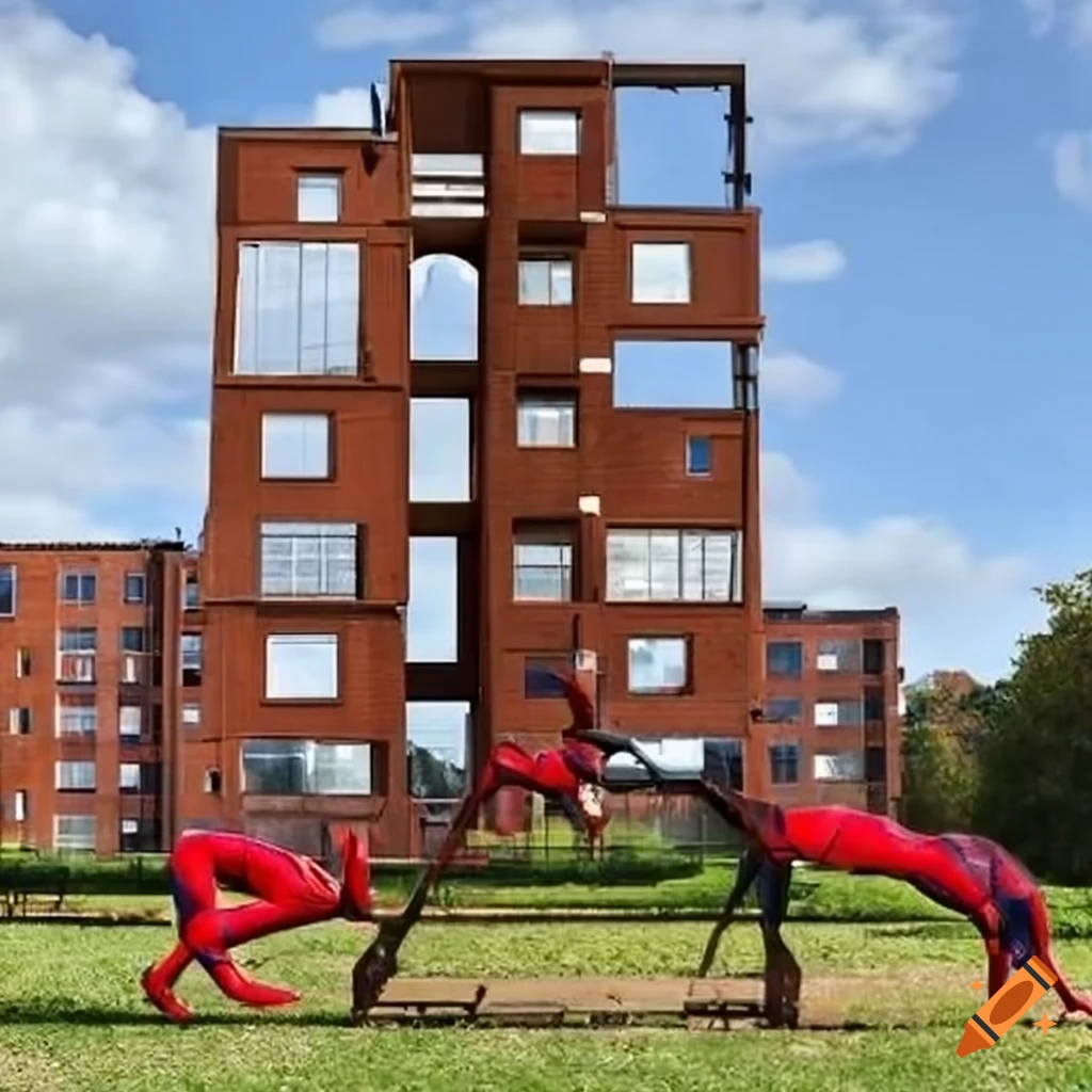 Spider-Man themed climbing frame with brown blocks of flats