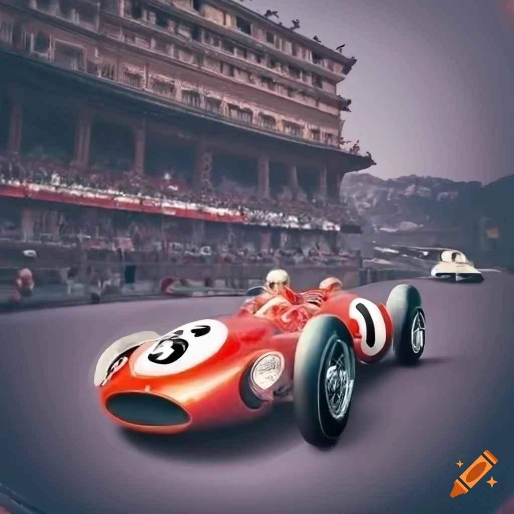 Vintage Monaco Grand Prix 1960 racecars on raceway with people in tribunes, rain shower, surreal detailed illustration
