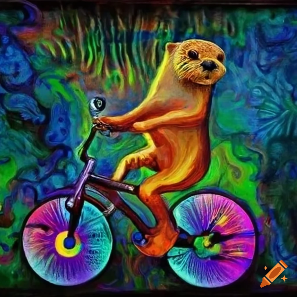Colorful otter riding a bicycle in a psychedelic artwork
