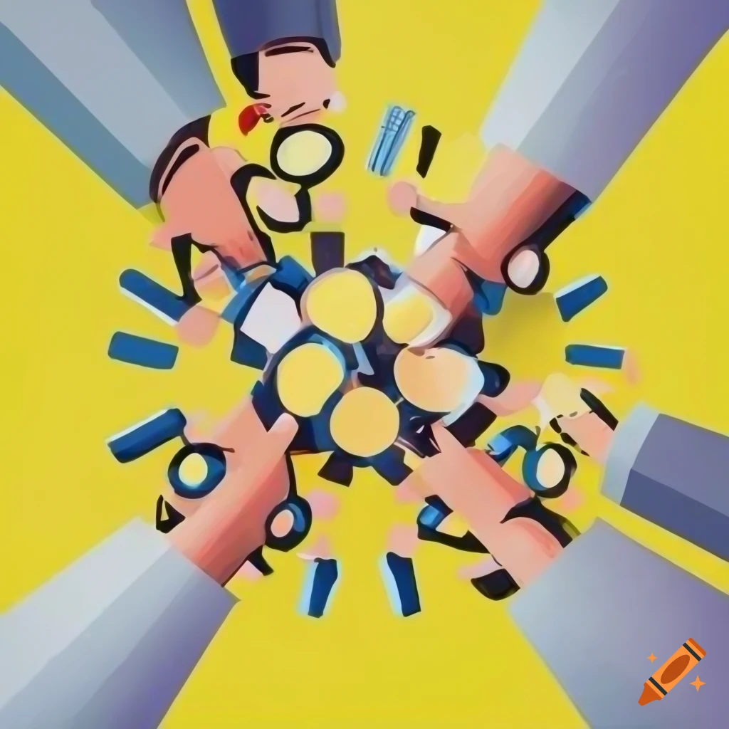 Teamwork illustration with yellow, black, white, and grey colors in a creative and cartoony style
