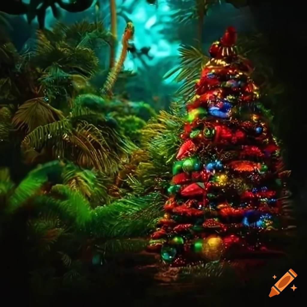 Christmas tree with vibrant ornaments in an exotic rainforest setting