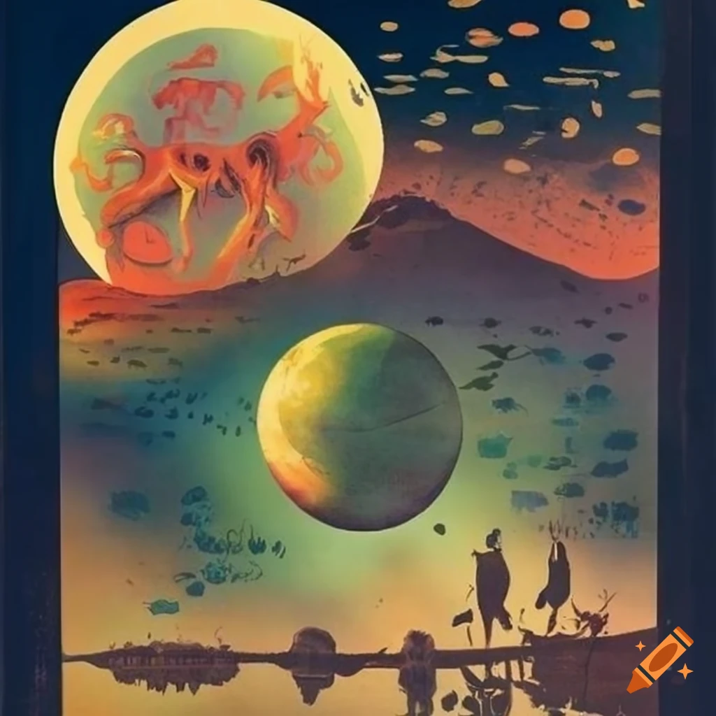 Vintage travel poster showcasing alien world's unique flora and fauna