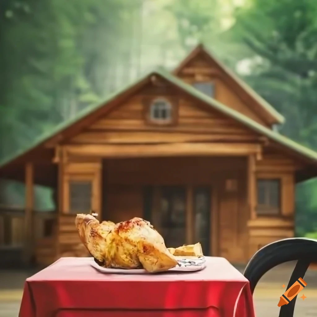 Wooden house in the forest with roasted chicken, chips, and Coca Cola on a table outside
