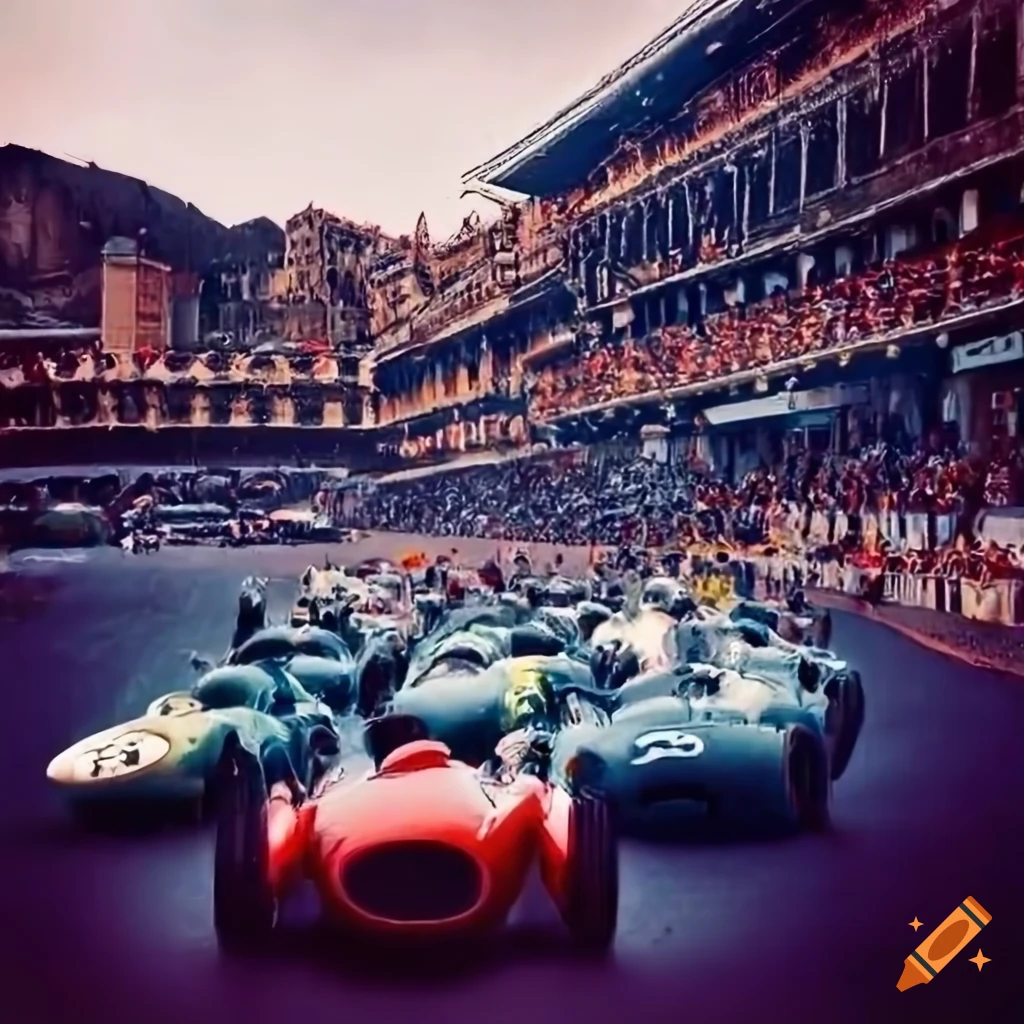 Vintage Monaco Grand Prix 1960 with racecars on the raceway and tribunes with people in the rain