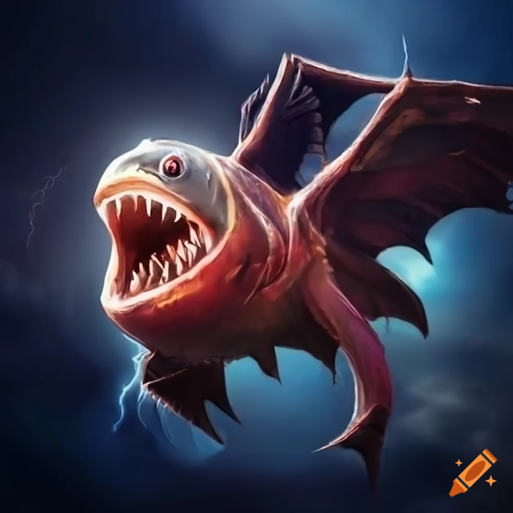 Imaginary piranha with dragon wings flying in a stormy sky