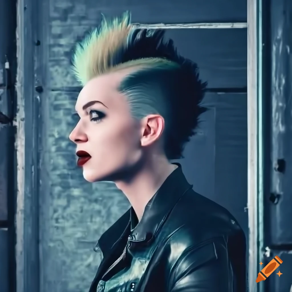 English punk-rocker woman with mohawk hairstyle and leather outfit in urban setting