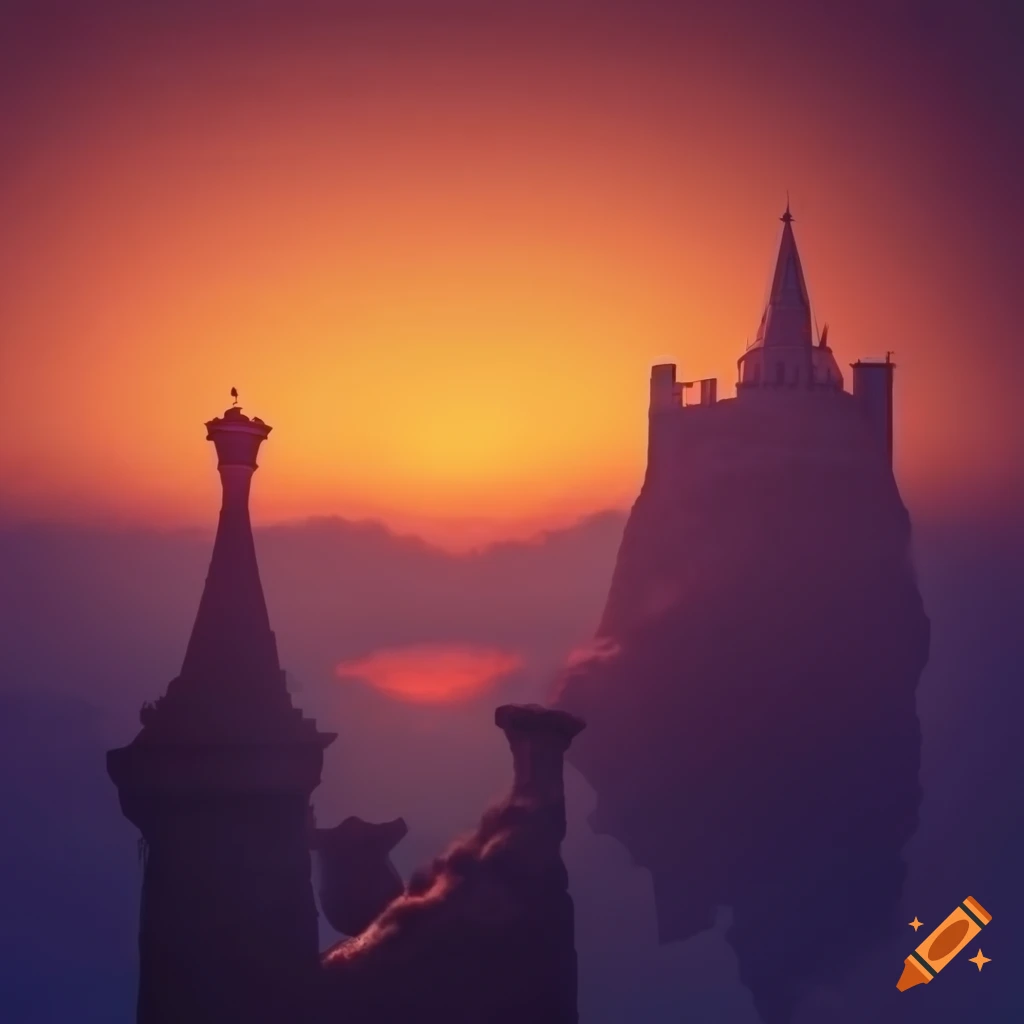 Castle in the sky during sunset with clouds