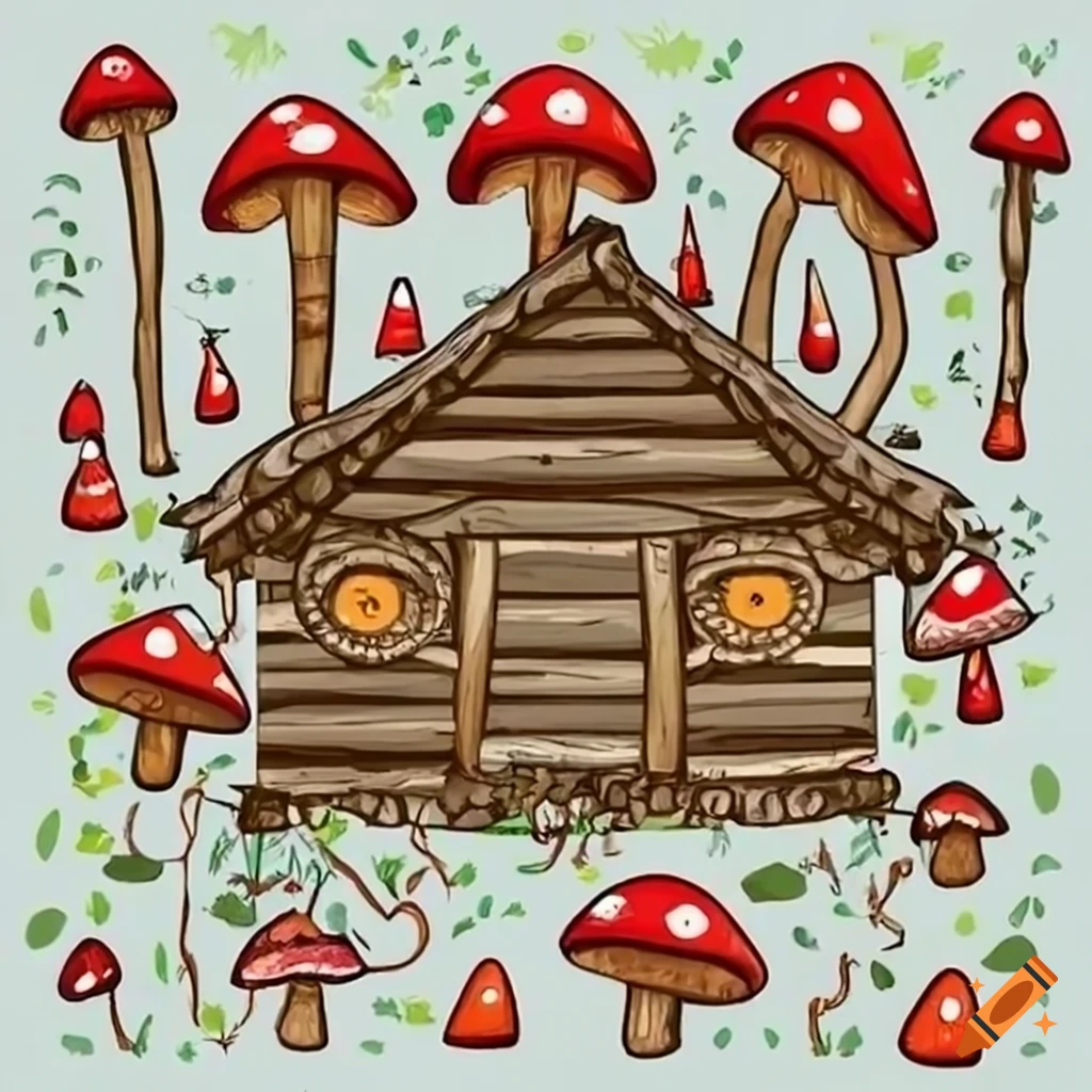 Wooden hut in a forest surrounded by red mushrooms and magical creatures