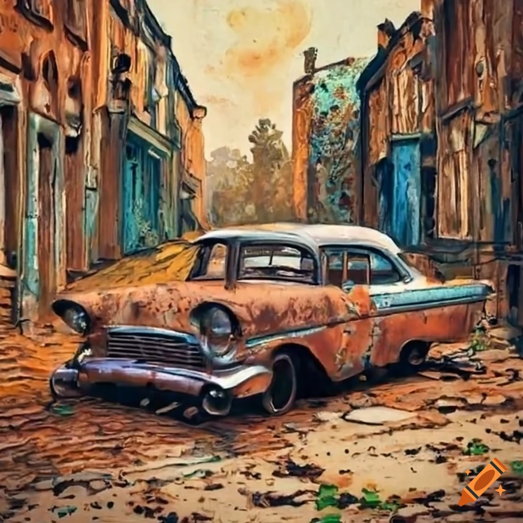 Tarnished rusty 57 Ford parked on a grungy street in Van Gogh's oil colors