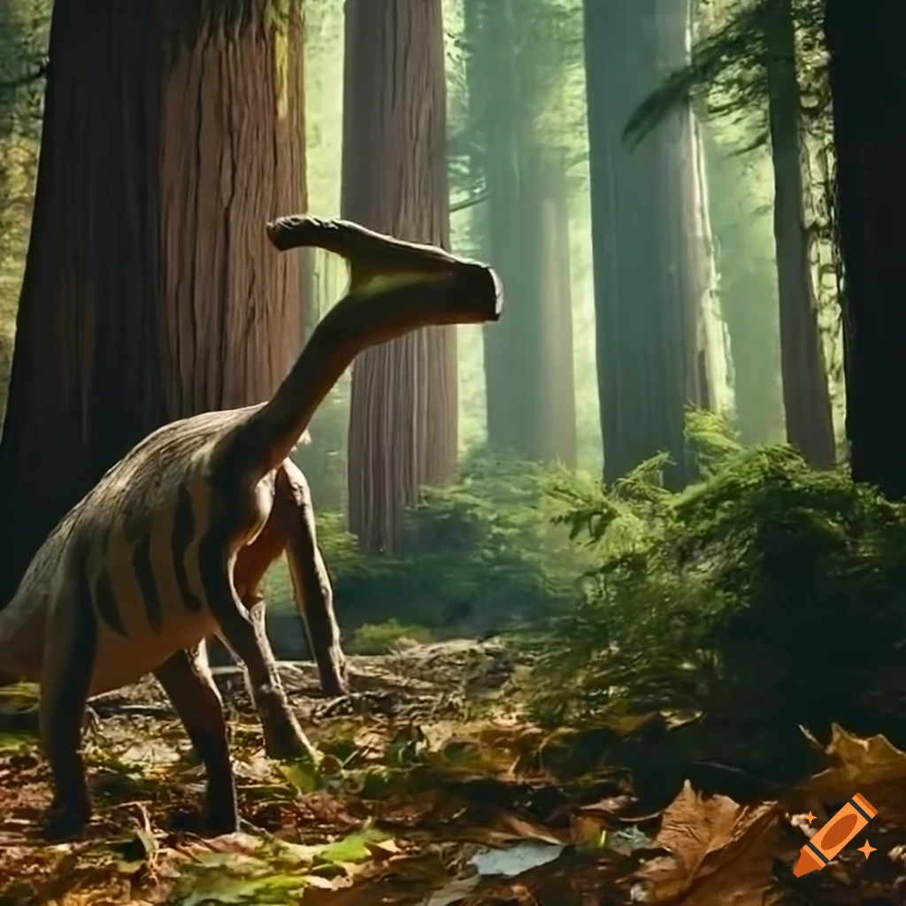 Big parasaurolophus with intricate stripes in a fern-covered clearing