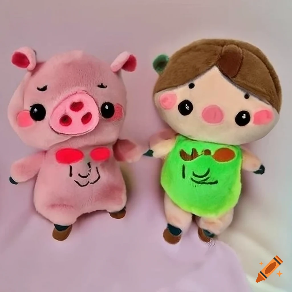 Illustration of two plushies, a pig and a frog, depicted as sisters