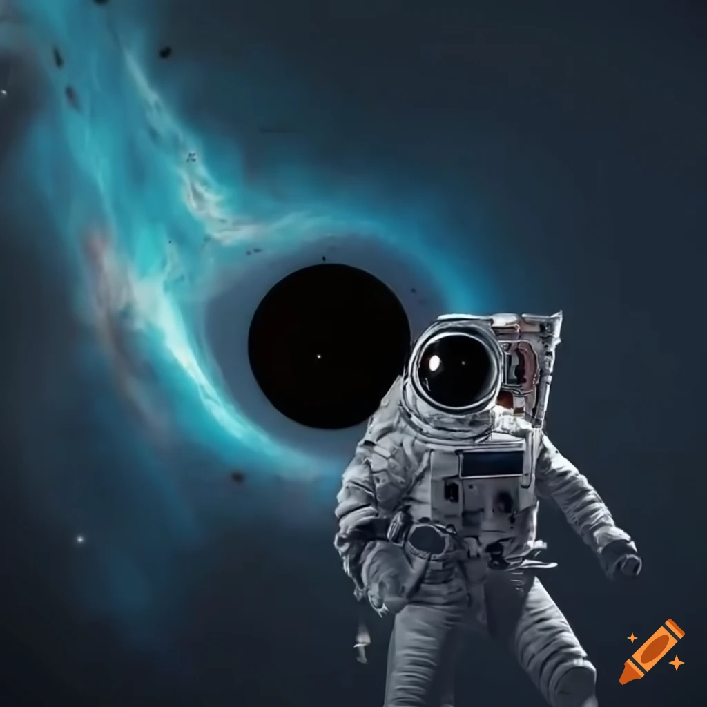 Astronaut in space with a black hole in the background
