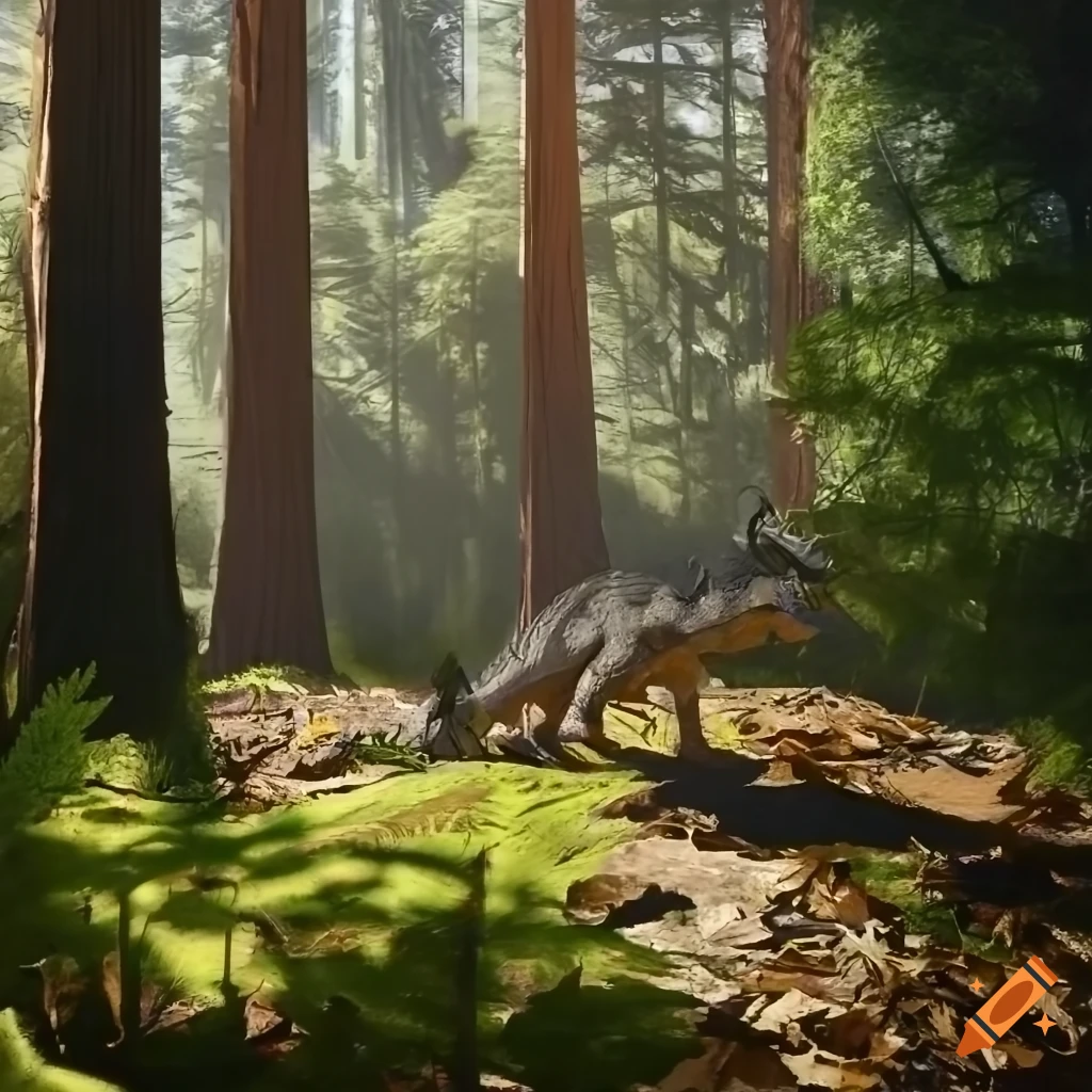 Styracosaurus pair in a sunlit forest clearing with fallen trees and fern undergrowth