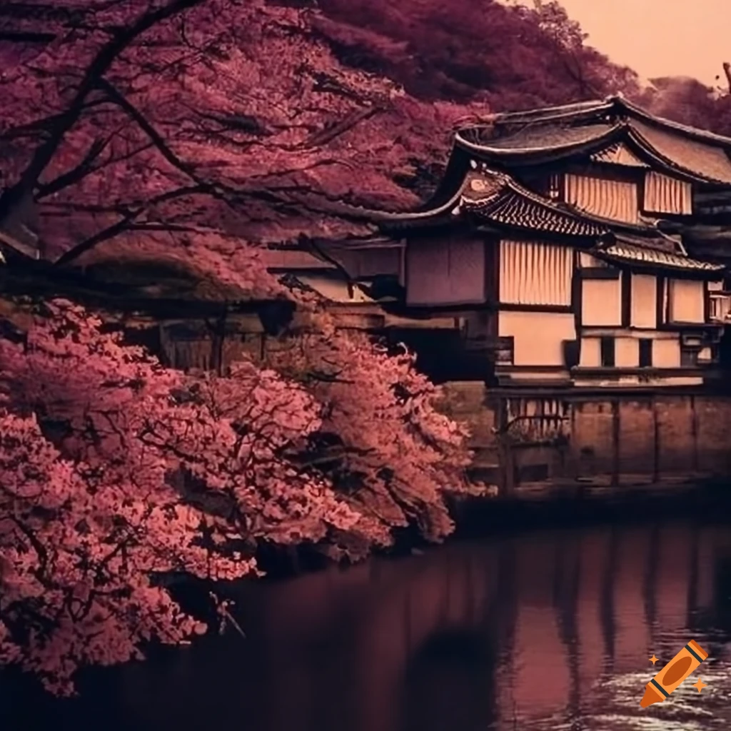 Japanese riverbank with Sakura trees and old village during Sengoku era