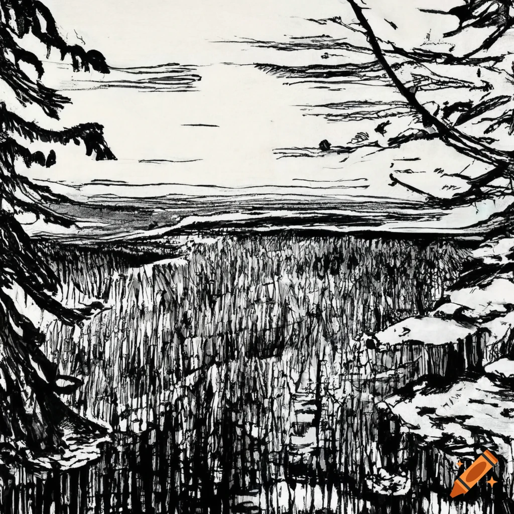 Wide landscape view of Koli, Finland in ink drawing