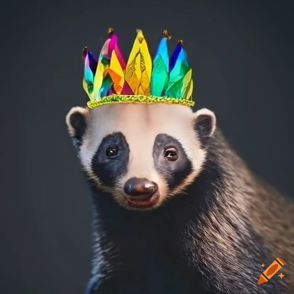 Honey badger wearing a crown and vibrant accessories