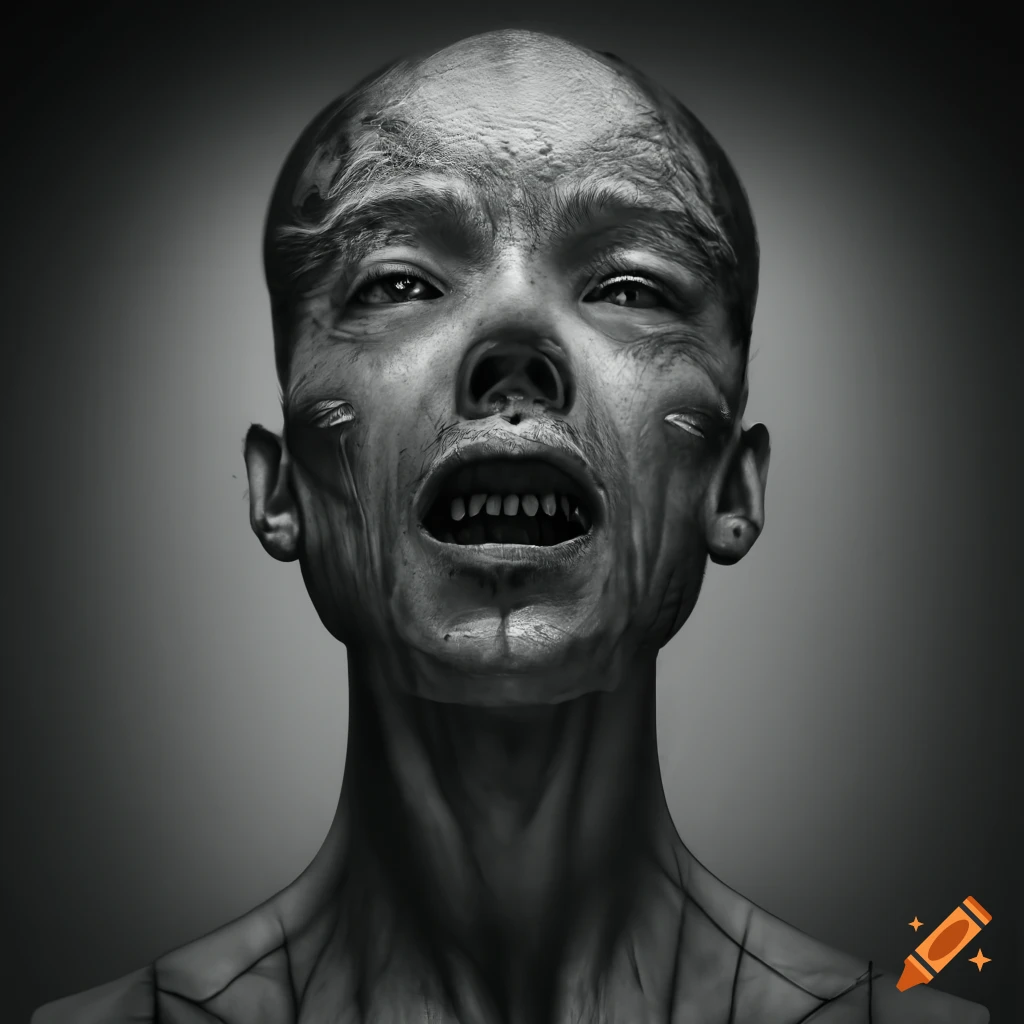 High contrast mysterious triptych art in black and white with surreal facial geometry