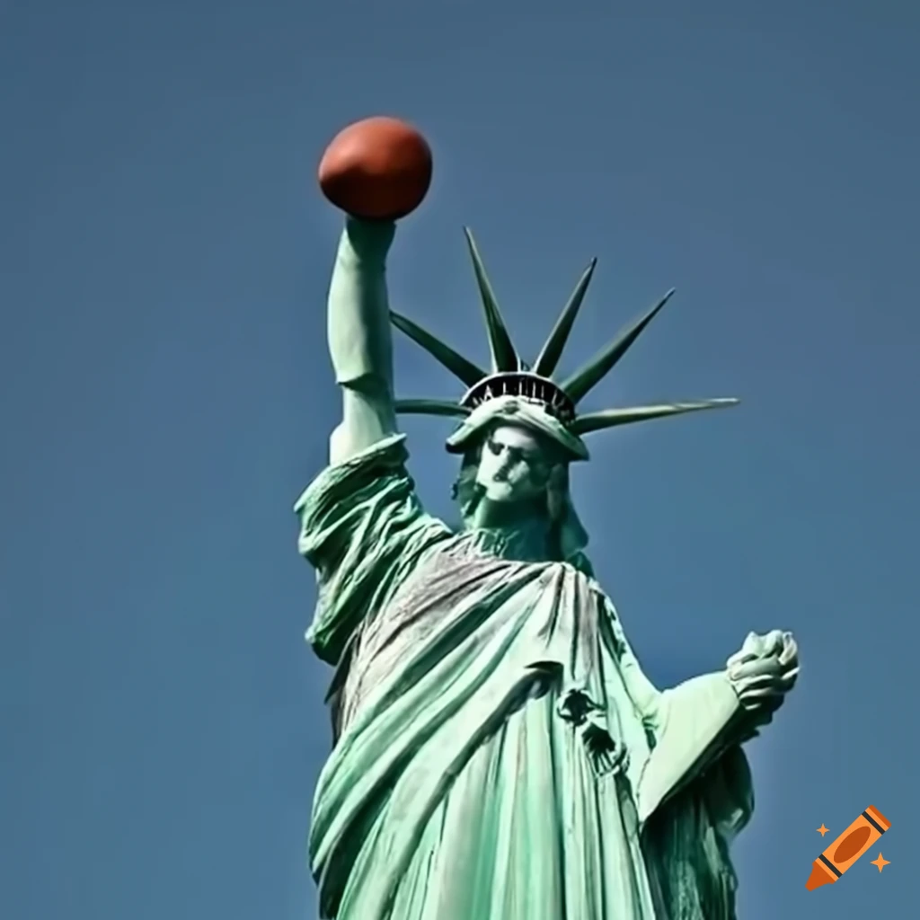 Statue of Liberty throwing a football into New York Harbor