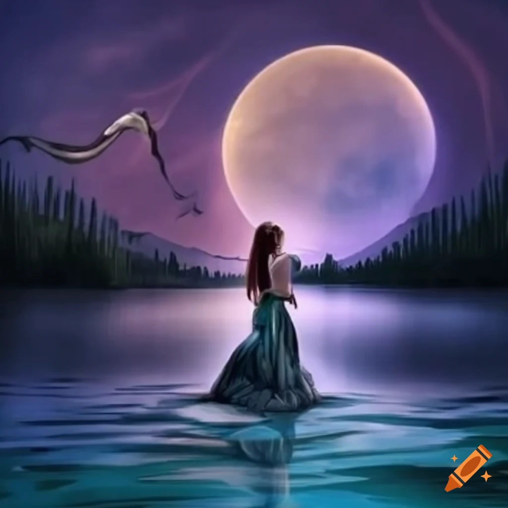 Selene and Finnian facing the magical serpent Nerida at Lake Serenity, depicting ethereal beauty and danger
