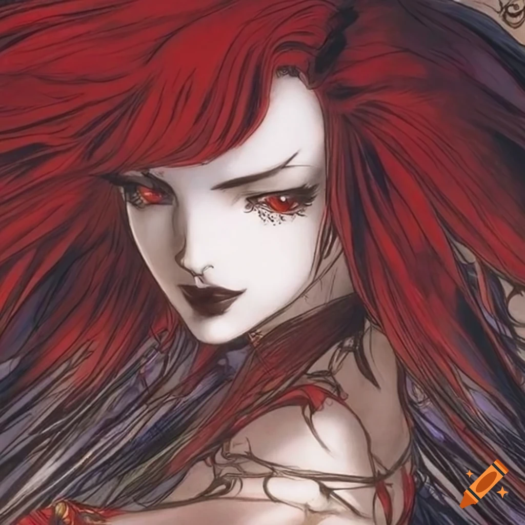 Female vampire with dark red hair in the style of Yoshitaka Amano