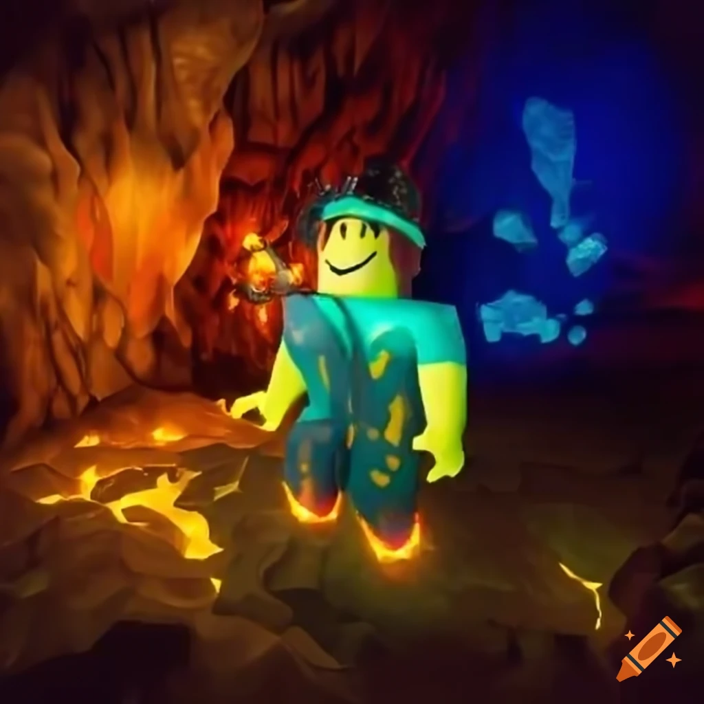 Roblox character exploring a cave with glowing crystals and lava