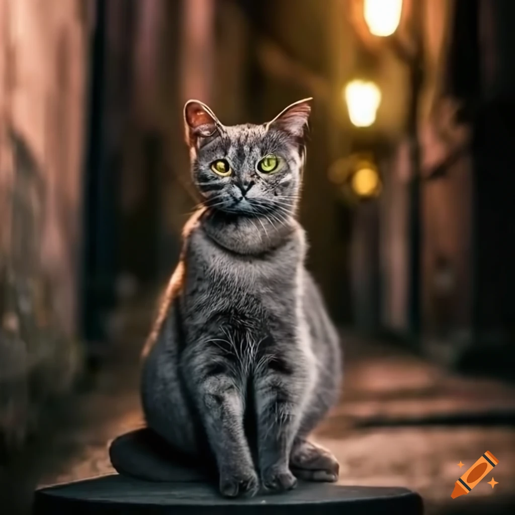 Sleek gray cat with green eyes sitting atop old crates in a dim alley