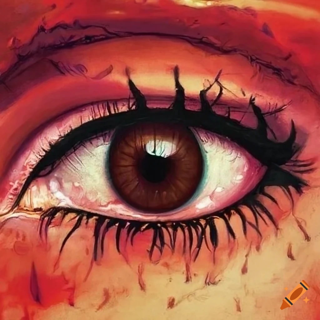 Anime style seventies eye with brown and red color, tear of blood, metallic and gothic