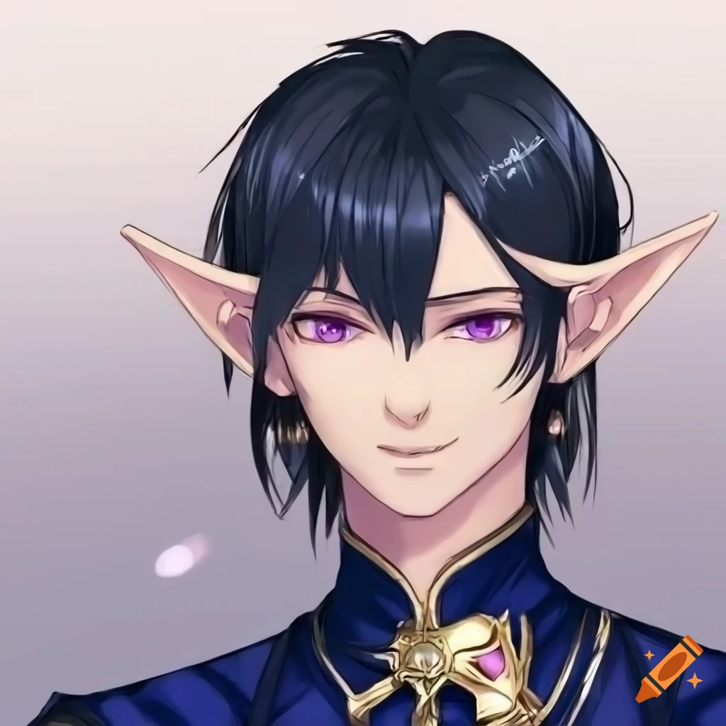 Anime male character with purple eyes, elf-like features, and royal blue attire