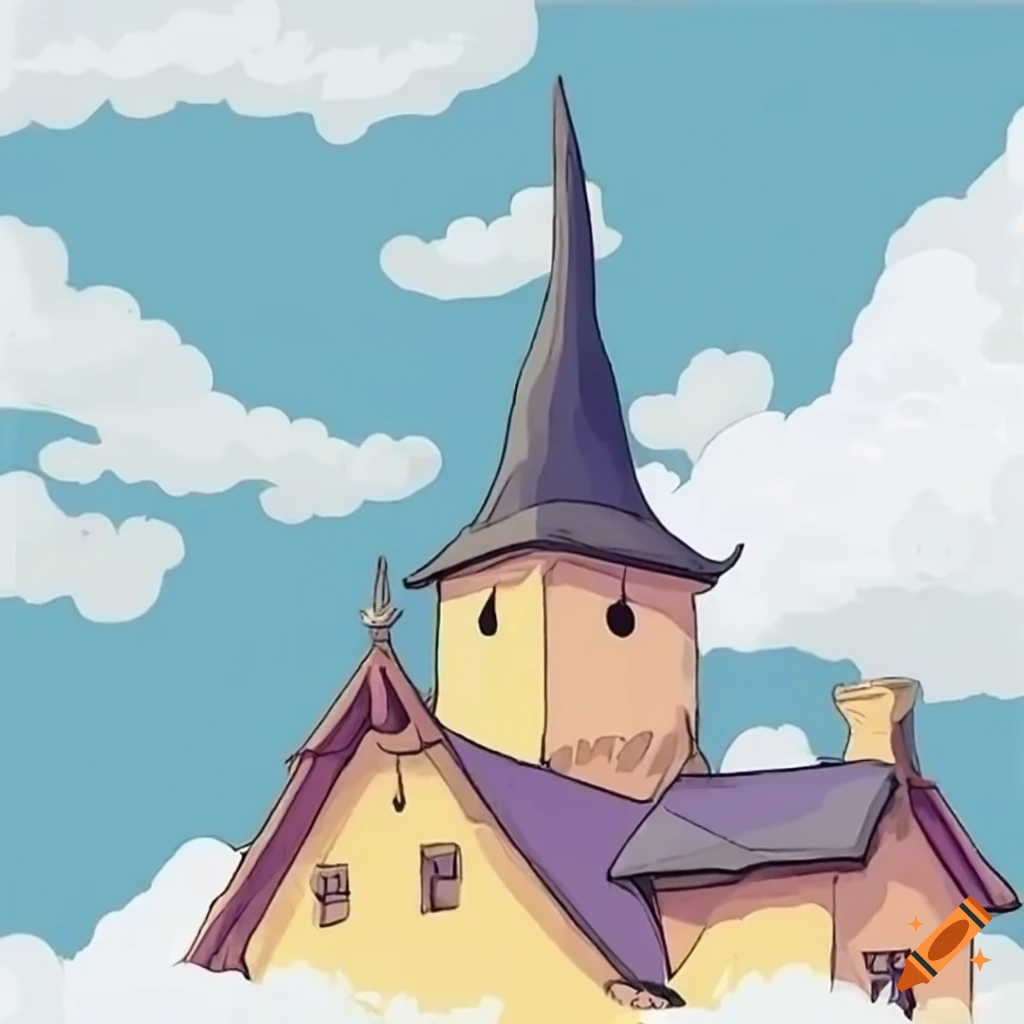 Witch house in the clouds with dramatic anime lighting by Studio Ghibli