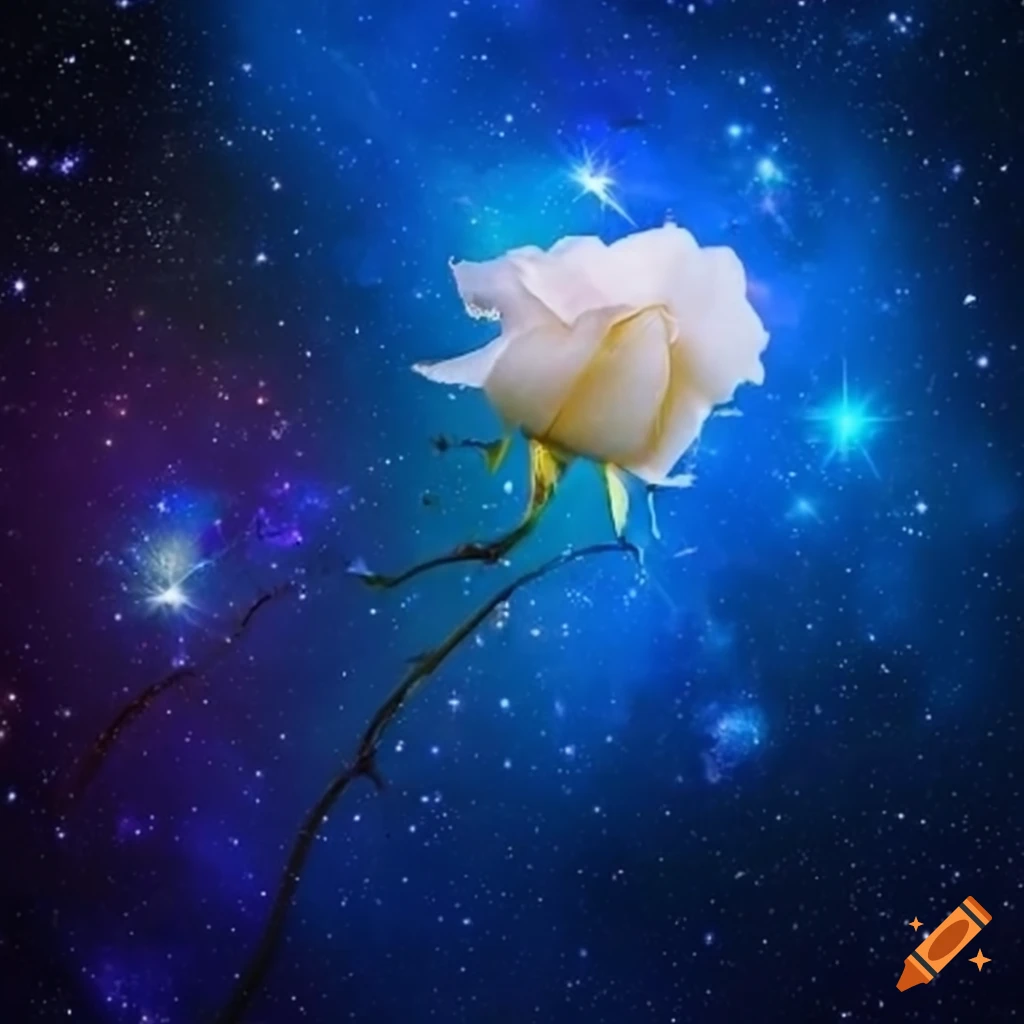 White rose among shining stars in the cosmic sky
