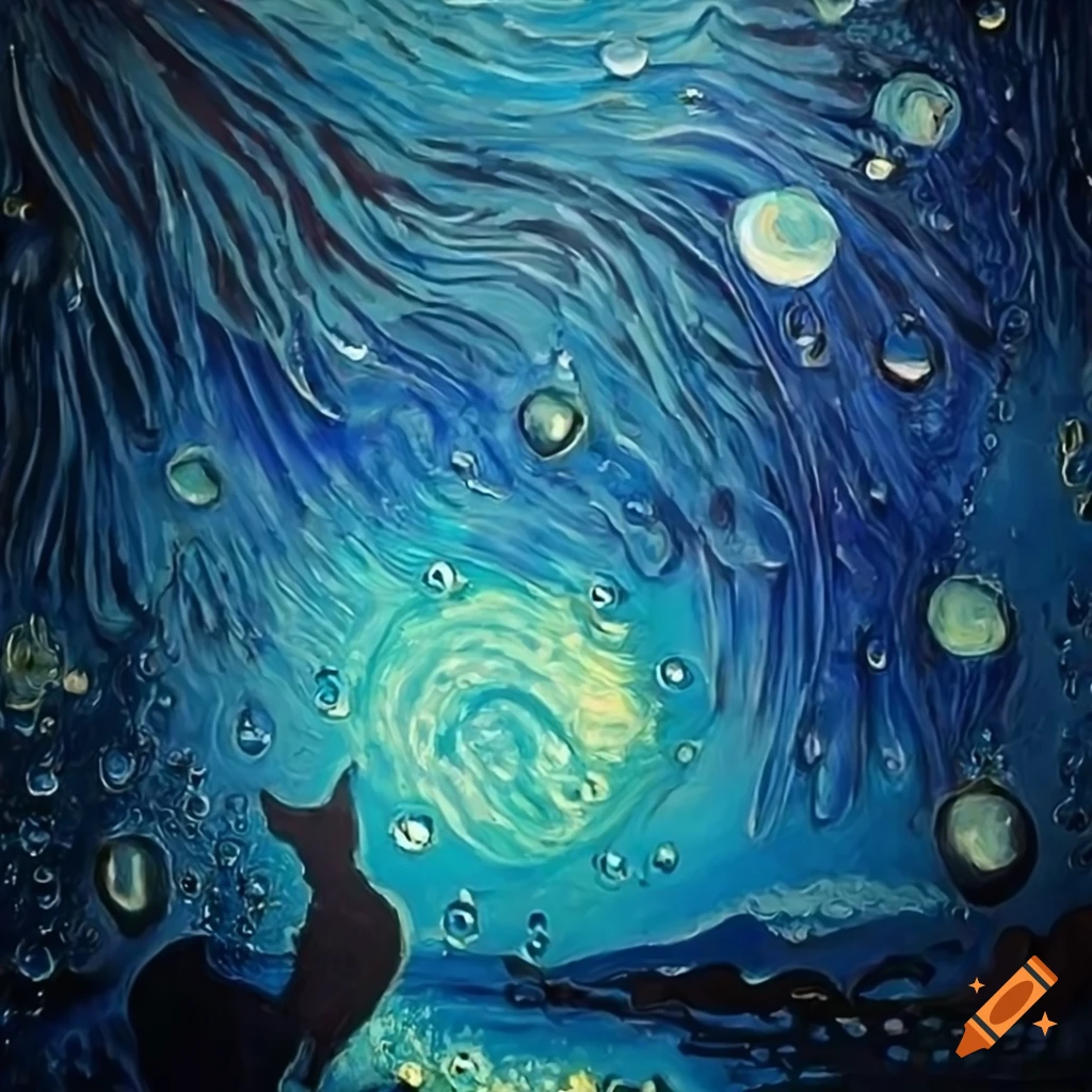 Morning dew in the shape of a cute cat with frozen and blue Van Gogh style