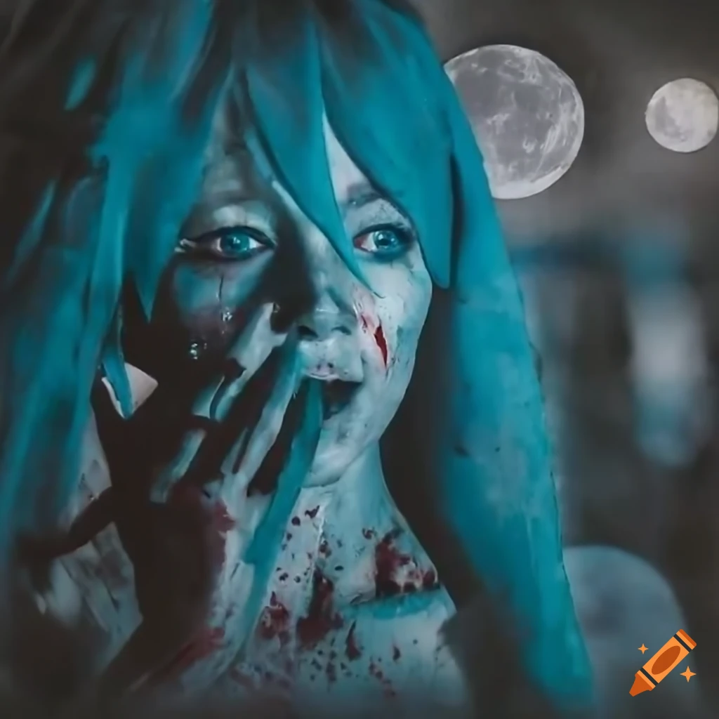 Portrait of zombie Miku Hatsune under a full moon night sky