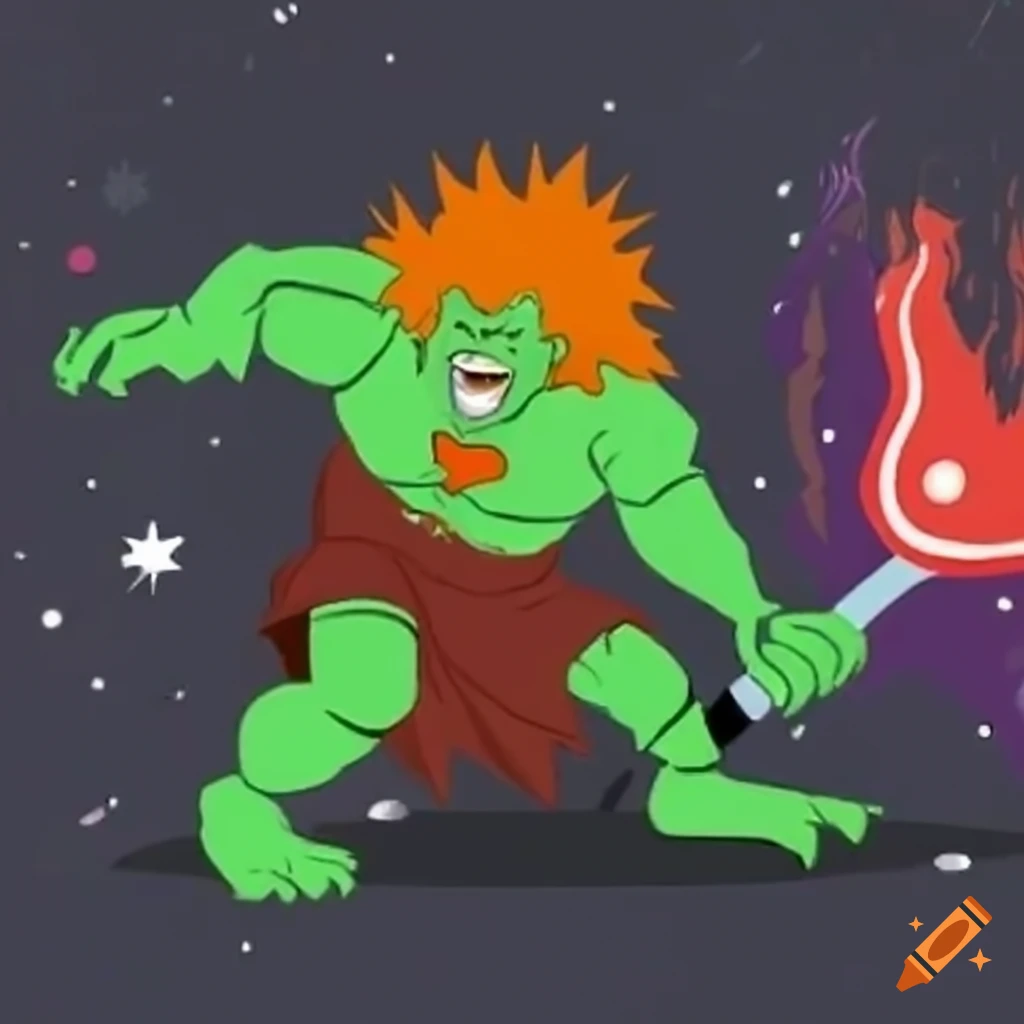 Cartoon character performing electric attack on aliens in cosmic cartoon dream war