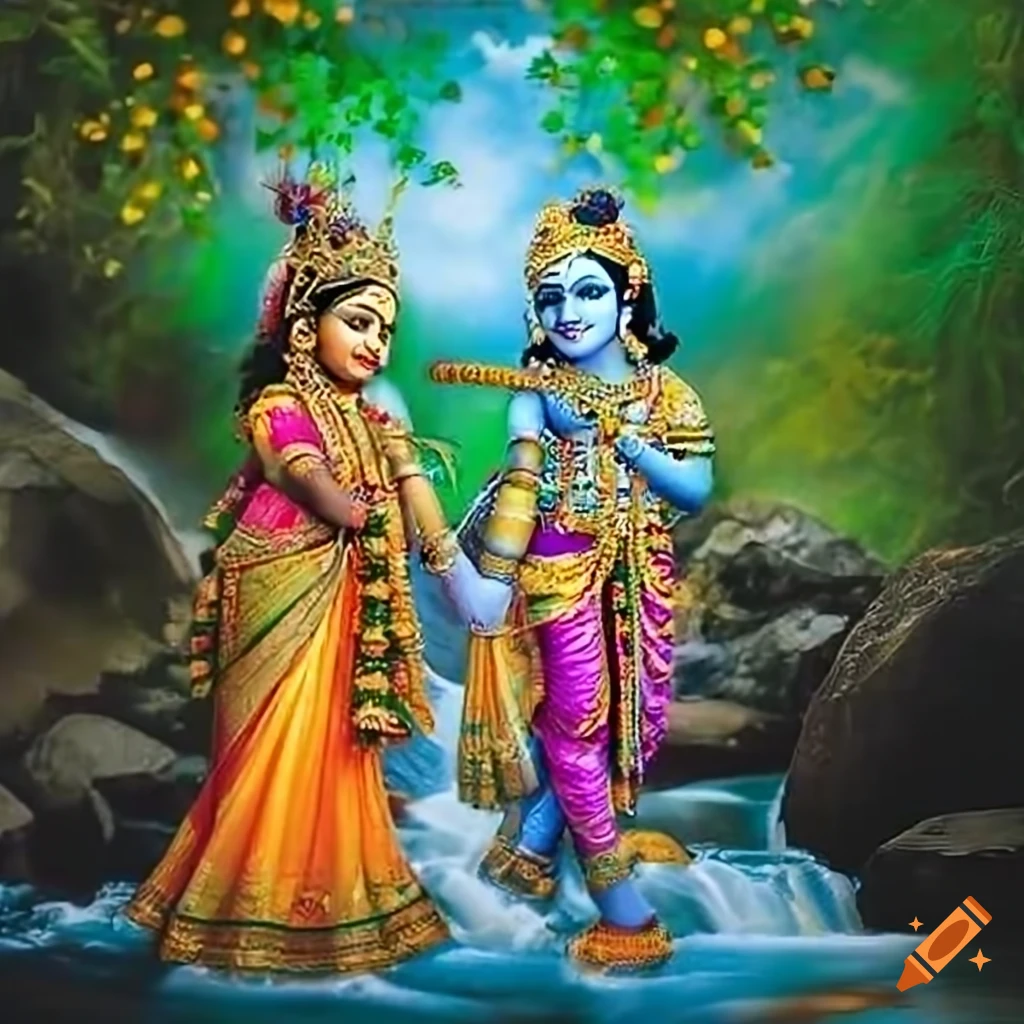 Radha and Krishna as kids near waterfalls holding Veena instruments