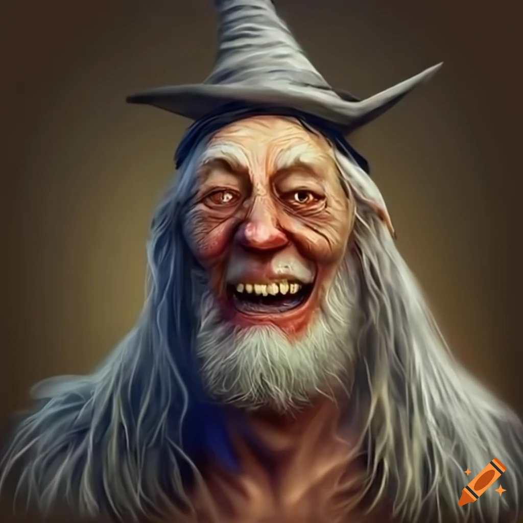 Realistic wizard laughing at the camera