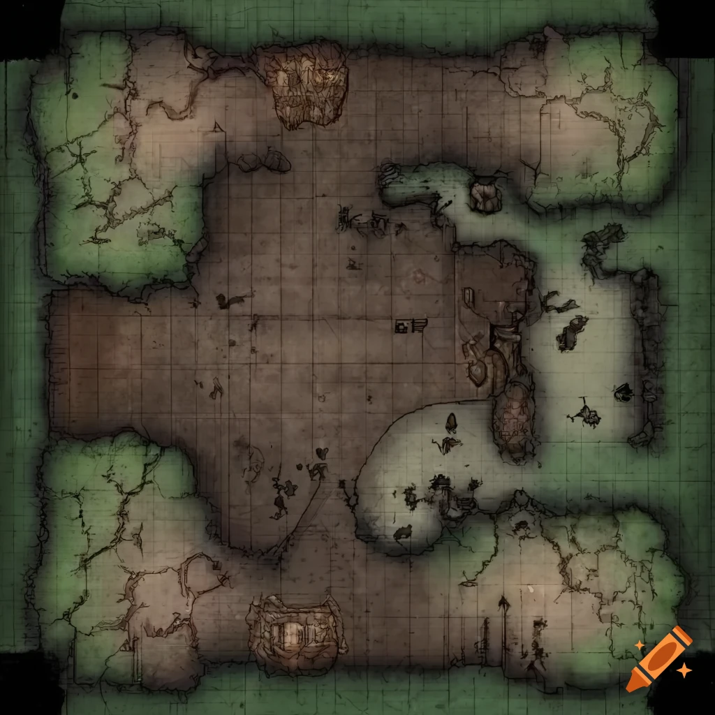 Dark cave in a dense forest with makeshift beds, scattered bones, and torches