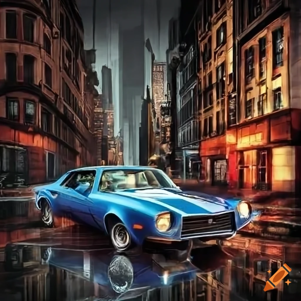 Vintage Chevrolet Camaro 1979 on a rainy city street in a surreal illustration